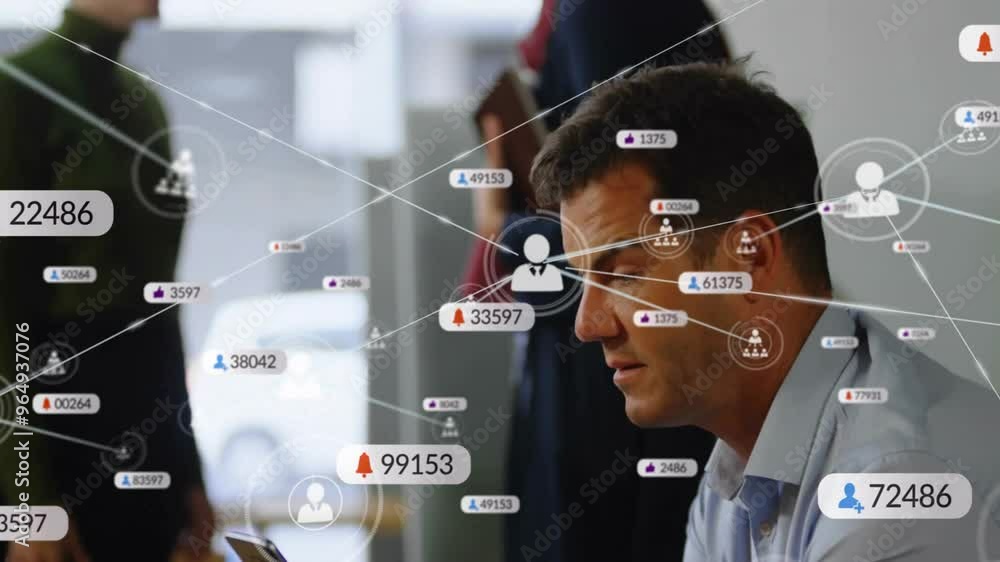 Poster animation of network of connections with icons over diverse colleagues working in office