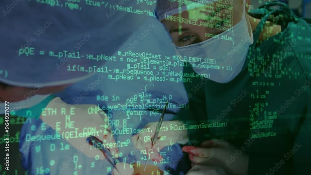 Aufkleber animation of data processing over biracial surgeons during operation