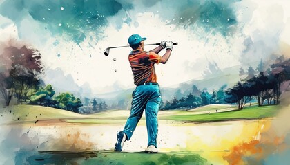  A vibrant watercolor illustration of a golfer in mid-swing on a lush golf course. The golfer