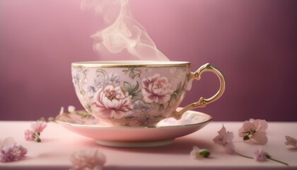 Fototapeta premium A vintage teacup with intricate floral patterns, steam rising gently, with a minimalistic pa 