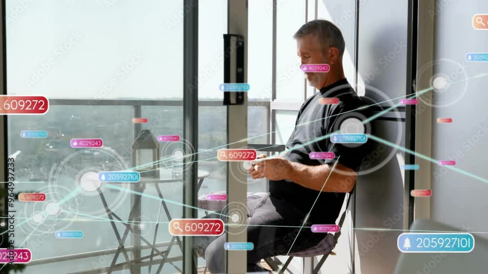 Poster animation of network of connections with icons over caucasian man using smartphone