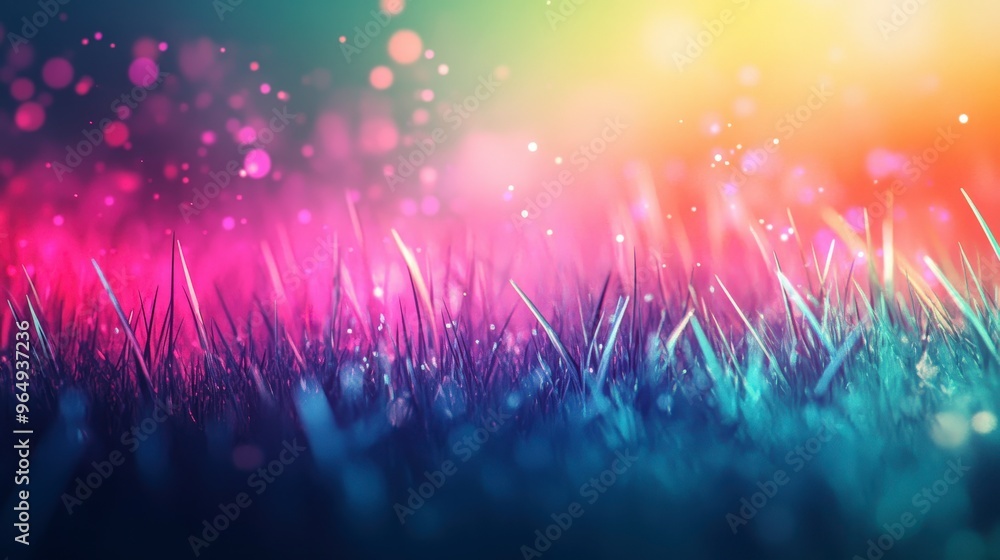 Poster luminous grassland bliss - vibrant greenery with floating particles creating an enchanting atmospher