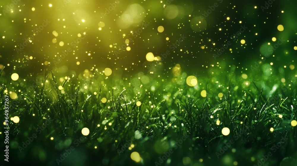 Poster lush green grass with floating particles - visually captivating nature background