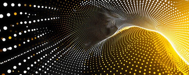 Abstract yellow and white halftone dotted patterns on black background in a tunnel-like motion. Illuminated design.