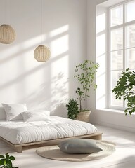 Bright Modern Minimalist Bedroom with Japanese Scandinavian Design, Futon-Style Bed, and Large Windows