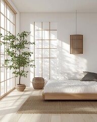 Bright Modern Minimalist Bedroom with Japanese Scandinavian Design, Futon-Style Bed, and Large Windows