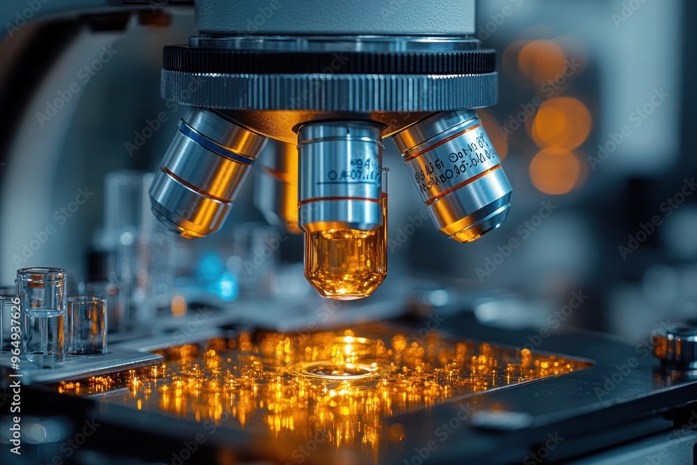Poster close-up of a microscope with its lense in focus