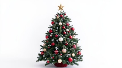 Festive Christmas Tree with Ornaments and Star Isolated on White Background