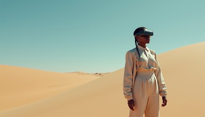 A futuristic explorer utilizing virtual reality technology in a vast desert landscape, symbolizing innovation and adventure in technology.