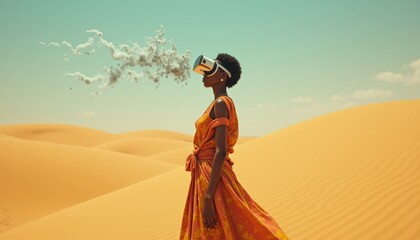 A woman in a vibrant dress stands in a desert, wearing a VR headset, symbolizing innovation and the blend of tradition with cutting-edge technology.