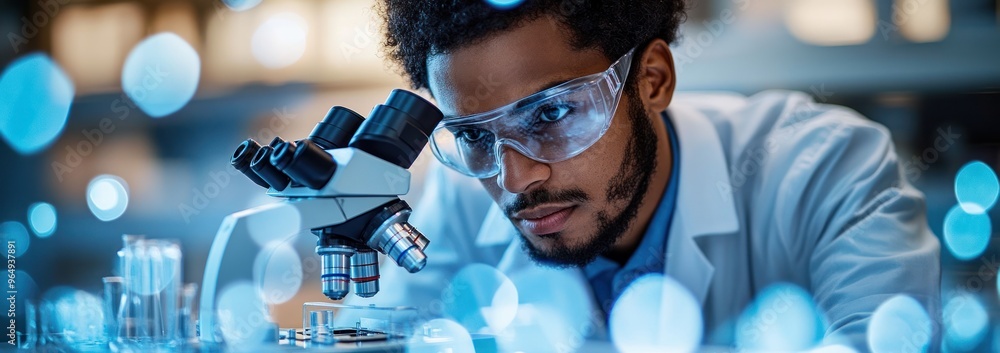 Aufkleber scientist using microscope in laboratory