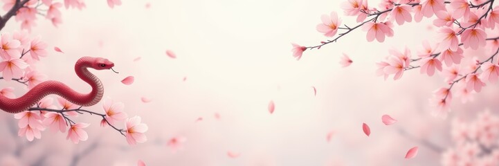 Serene scene featuring delicate pink cherry blossoms and a subtle snake, perfect for nature-inspired projects or wellness themes.