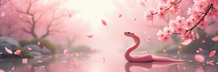 Obraz premium A serene scene of a pink snake amid blooming cherry blossoms and soft mist, perfect for representing tranquility, nature, and whimsical beauty in creative projects.
