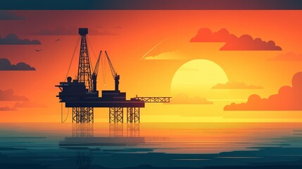 Obraz premium Serene Sunset View of Minimalist Oil Rig in Ocean - Flat Vector Illustration with Clean Design and Rich Colors