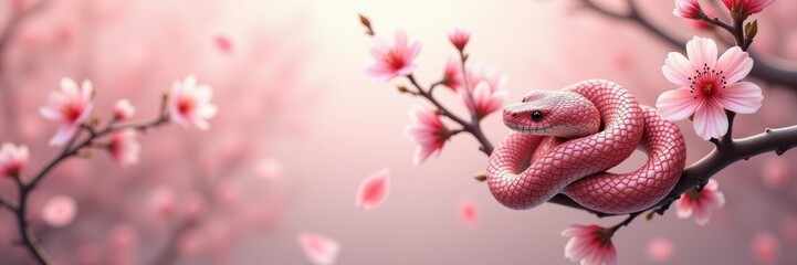 Fototapeta premium A captivating scene of a pink snake intertwined with cherry blossom branches, evoking themes of nature, beauty, and transformation.