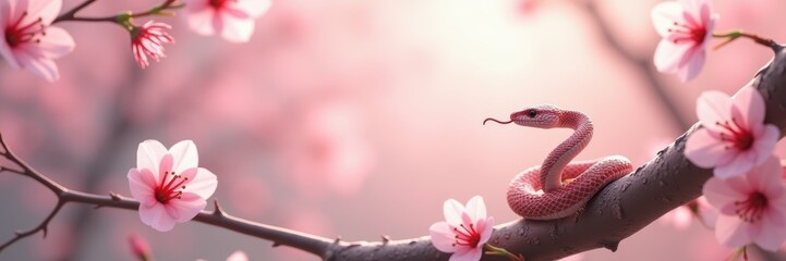 Fototapeta premium A delicate pink snake rests on a blooming branch, combining elegance and nature's beauty. Perfect for themes of transformation, nature, and artistic expression.