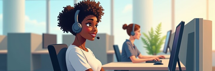 A vibrant illustration of a diverse team working in a modern call center, showcasing collaboration and customer service in a professional office environment.