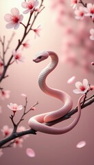 A serene and artistic representation of a pink snake perched on a branch, surrounded by delicate cherry blossoms, evoking feelings of tranquility and beauty.