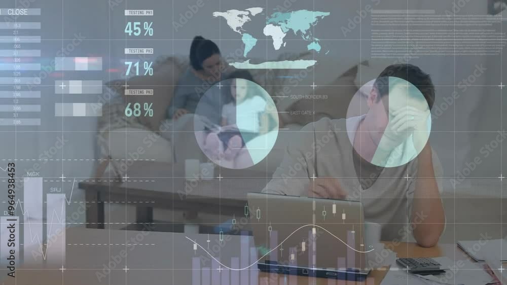 Poster animation of data processing and diagrams over caucasian parents with daughter working at home
