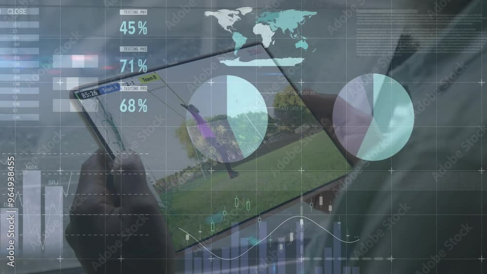 Poster animation of data processing over caucasian businesswoman using tablet with game on screen