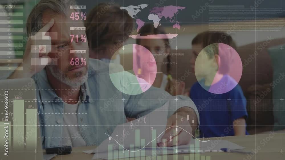 Poster animation of data processing and diagrams over caucasian parents arguing with children