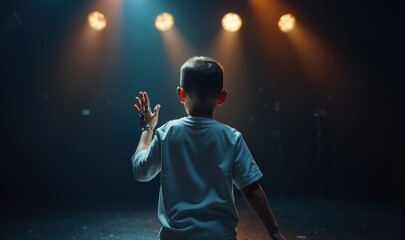 A young boy stands in a spotlight, raising his hand as if reaching for his dreams. This image captures innocence, aspiration, and the magic of performance.