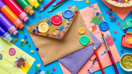 Fototapeta premium A flat lay of colorful arts and crafts supplies.