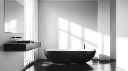 Modern Minimalist Monochrome Bathroom with Black Countertops, White Walls, and Sleek Fixtures