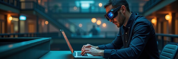 A focused individual wearing futuristic glasses works on a laptop in a modern, stylish workspace, exemplifying innovation and technology in business.