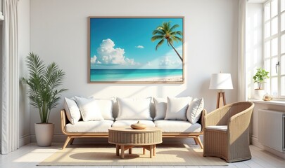 A bright and inviting living room featuring a coastal artwork, perfectly blending tranquility and elegance for interior design and home decor inspiration.