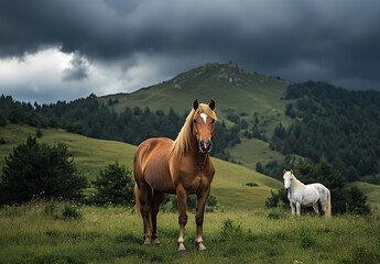 Two horses in a pasture, behind an approaching thunderstorm, Burgenland, Austria.