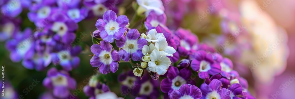 Poster White and purple flowering Lobularia maritima from the Brassicaceae family, commonly referred to as Sweet Alyssum.