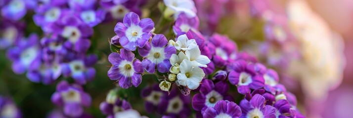 Obraz premium White and purple flowering Lobularia maritima from the Brassicaceae family, commonly referred to as Sweet Alyssum.