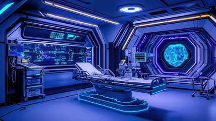 Obraz premium A futuristic zombie outbreak in a high-tech hospital, glowing medical equipment around and chaos ensues, Sci-fi, Horror, Blue tones