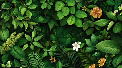 Fototapeta premium A lush green background with a variety of leaves and flowers. Perfect for nature, spring, and summer themes.