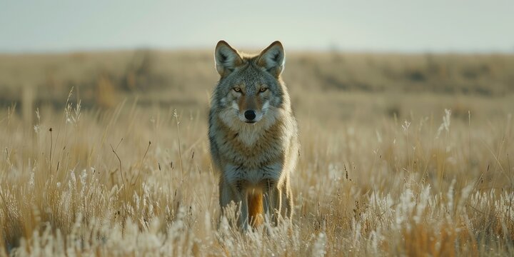 A lone coyote explores a colony of prairie dogs.