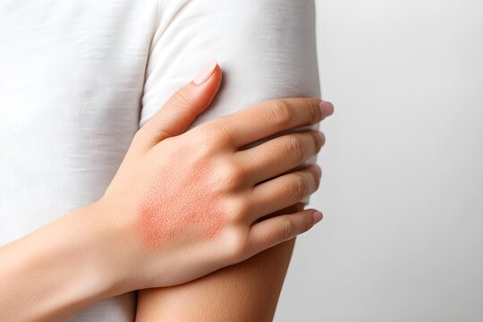 Woman with skin diseases. Red spot or rash of skin on woman's hand. Allergic reaction from atopic, insect bite. Itchy hives, Pele virus, eczema, urticaria, psoriasis. Health care and medicine concept