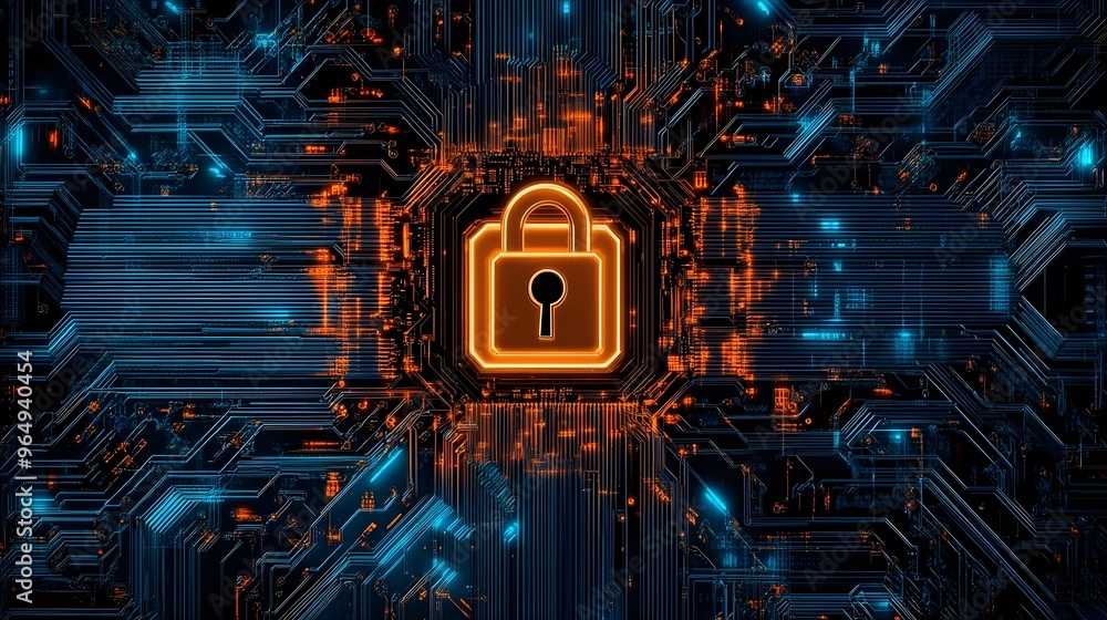 Poster a digital lock symbol on a futuristic circuit board background, representing cybersecurity and data 