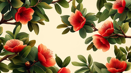 Fototapeta premium A delicate pattern of red blossoms and green leaves on a cream background. Perfect for spring or floral themed designs.