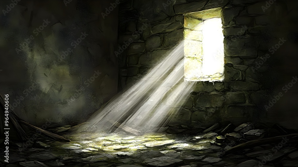 Poster a dimly lit room with a ray of sunlight streaming in through a small stone window, creating a serene