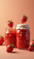 Charming and playful jars of strawberry jam with cheerful animated strawberries, perfect for marketing in food, children's products, or home decor.