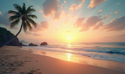 A serene tropical beach at sunset, featuring golden sands, gentle waves, and a silhouetted palm tree, perfect for travel and relaxation themes.