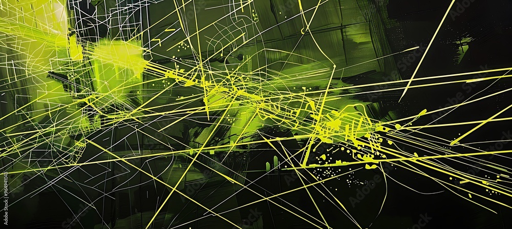 Poster cybernetic abstract background with green overlapping lines on black
