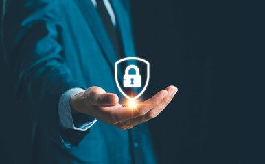 Cyber security and data protection on internet. Person touching virtual shield, secure access,...