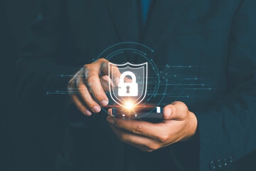 Cyber security and data protection on internet. Person touching virtual shield, secure access,...