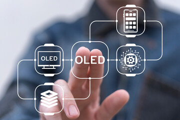 Man working on virtual touch screen presses acronym: OLED. OLED ( Organic Light-Emitting Diode )...