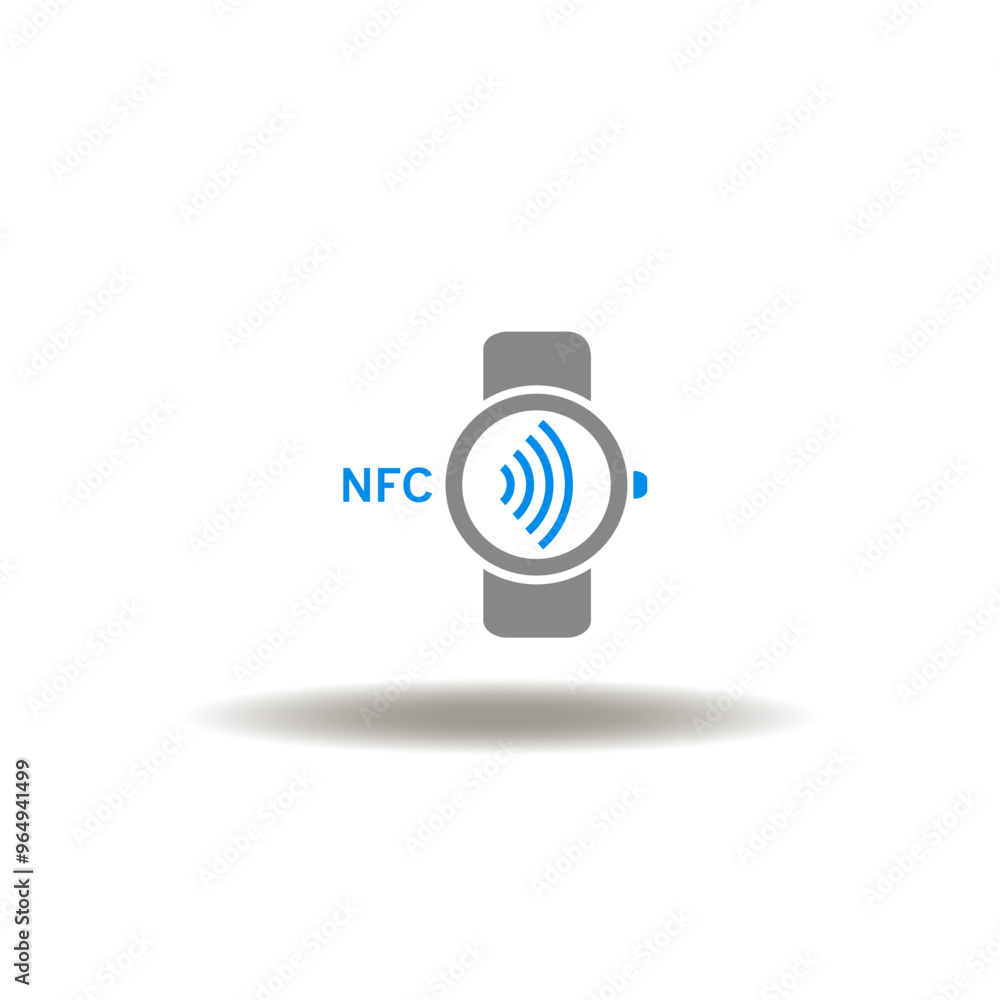 Poster vector illustration of smart watch with wireless radio signal and nfc acronym. symbol of nfc communi