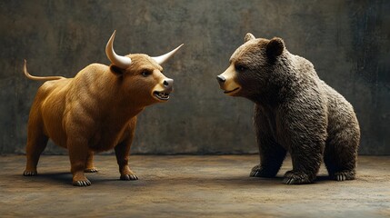 A fierce bull and a strong bear face off in a dramatic showdown, showcasing the power of nature's wildlife.