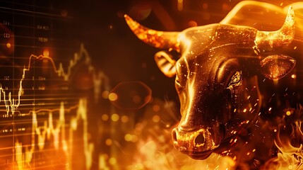 Burning Bull Market: Fiery Bull Head with Stock Charts Illustrating Financial Crash