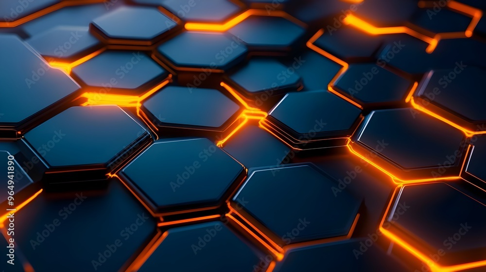 Poster a futuristic hexagonal pattern with glowing orange edges, ideal for technology and digital backgroun